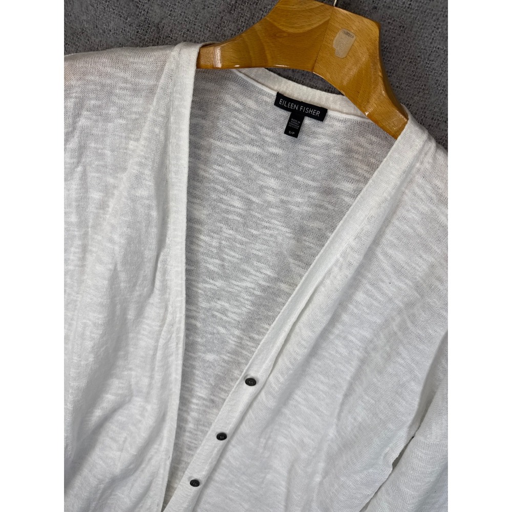 EILEEN FISHER White Linen Blend Cardigan Sweater Vneck Button Front Size S Stain